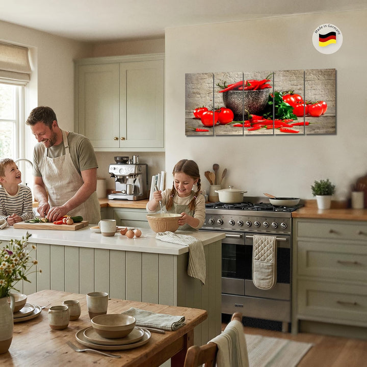 Runa Art Wandbild XXL Küche - Gemüse Esszimmer Küchenbilder 200 x 80 cm Braun Rot 5 Teilig - Made in