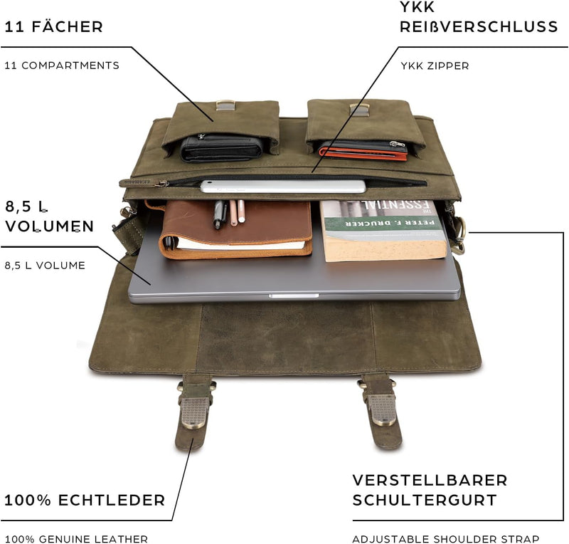 LEABAGS Leder Aktentasche Herren & Damen I Echtleder Laptoptasche bis 15 Zoll I Umhängetasche mit Sc