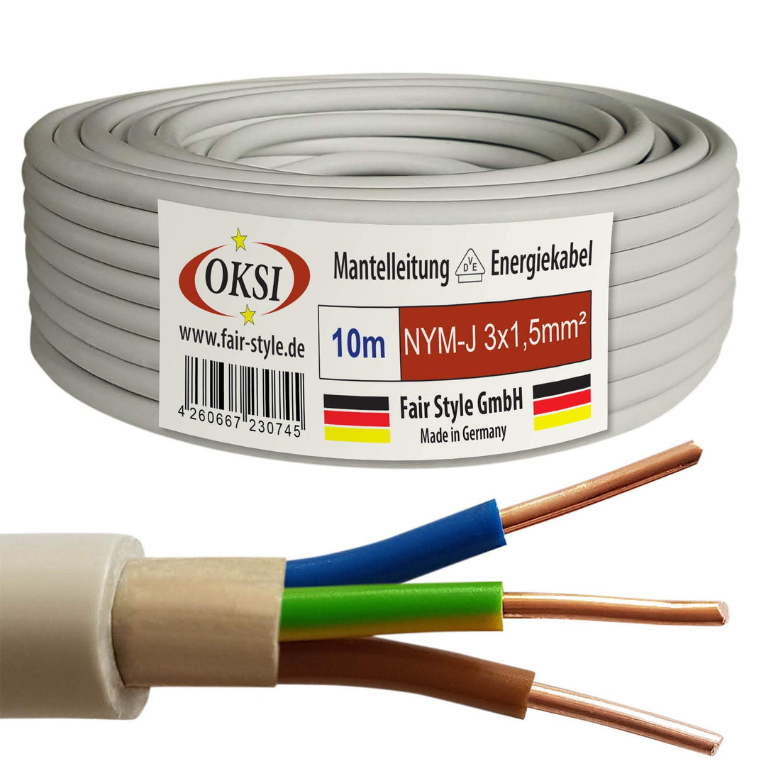 OKSI 10m NYM-J 3x1,5 mm² Mantelleitung Feuchtraumkabel Elektrokabel Kupfer Made in Germany, 10m NYM-
