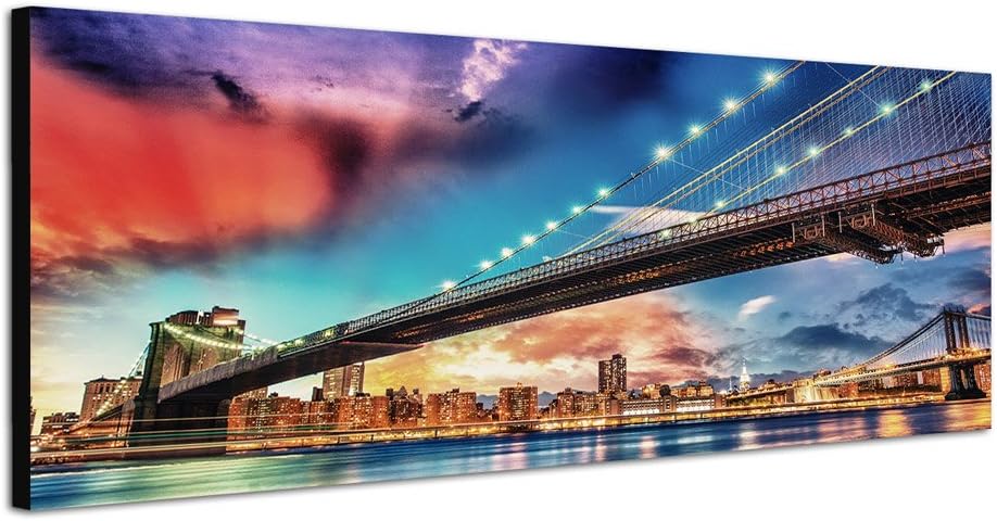Paul Sinus Art Panoramabild auf Leinwand und Keilrahmen 150x50cm New York Manhattan Skyline Brücke A