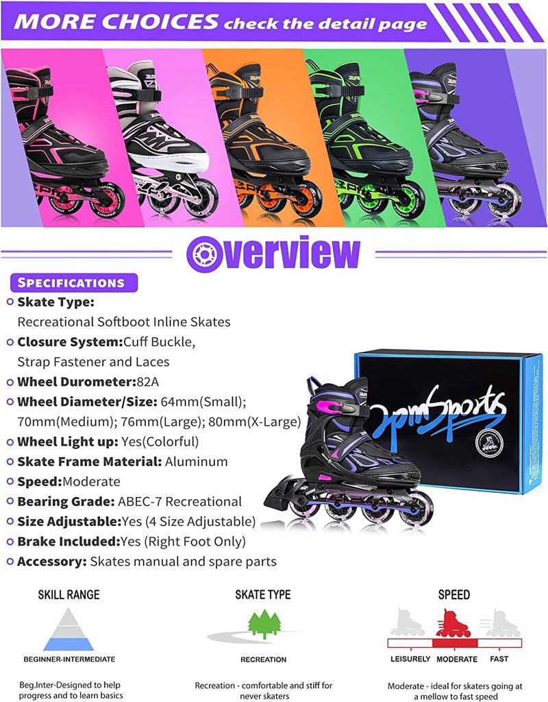 2PM SPORTS Verstellbar Inliner für Kinder, Leucht Inline Skates Rollschuhe für Damen/Herren A Violet