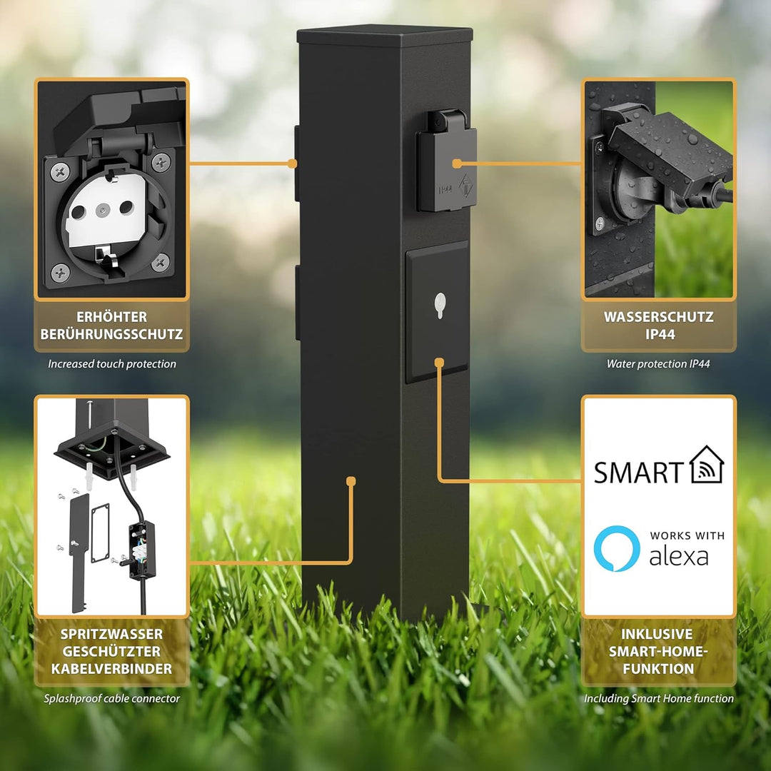 ledscom.de 3X Garten Steckdosensäule Polly für aussen, IP44, Smart Home, WLAN, Alexa, 3-Fach, schwar