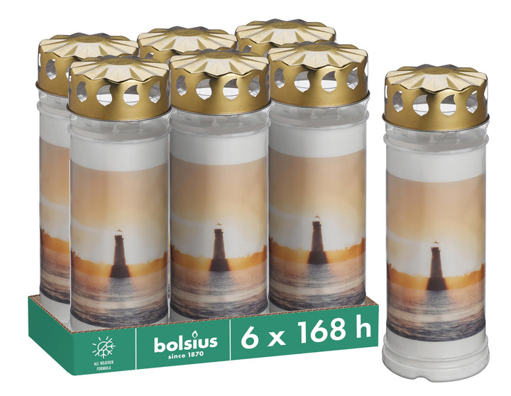 Bolsius Grablicht - Weiss - 6 Stück - 20 x 7.5 cm - Leuchtturm - Länge Brenndauer 7 Tage - Trauerker