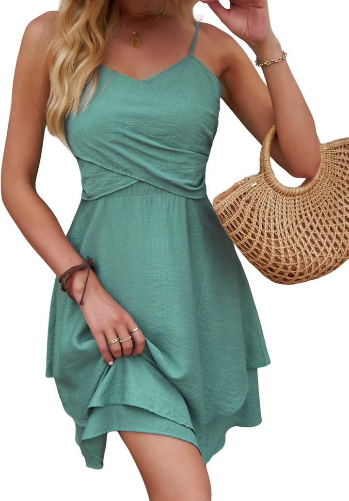CUPSHE Damen Sommerkleid V Ausschnitt Crossover Wickel Spaghetti Trägerkleid A-Linien Gestufte Freiz