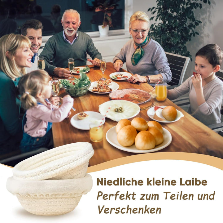 Mini-Gärkorb (14 cm, 6er-Set), Mini-Banneton-Korb aus natürlicher Baumwollkordel & Einlage, Sauertei
