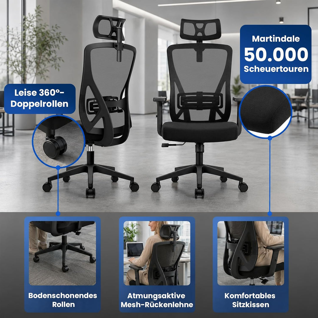 Bürostuhl Ergonomisch, Schreibtischstuhl mit Kopfstütze, Lordosenstütze und Höhenverstellbaren Armle