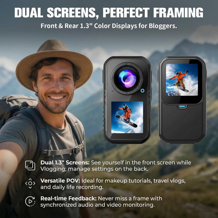 Action Cam 5K, Mini Sportkamera WiFi mit 64G, Tragbare Action Kamera Mit Doppelseitigen Displays Vor