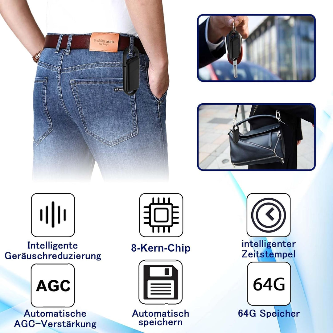 64G Diktiergerät Mini,Aufnahmegerät Spionage,Spion abhörgerät,Spion digital Voice Recorder Schlüssel