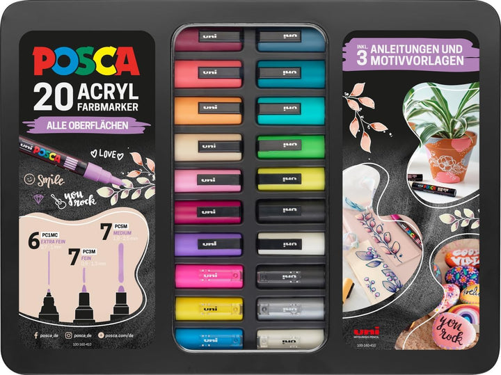 Faber-Castell uni-ball 186829 - POSCA Marker Set, 20er Etui, inkl. Anleitungen für 3 DIY Projekte 20
