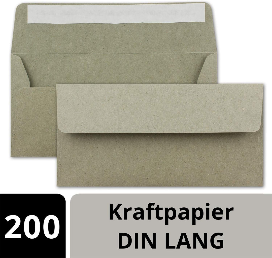 200x Kraftpapier Umschläge DIN Lang - Grau ÖKO - Haftklebung 11 x 22 cm - 120 g/m² breite Lasche - V