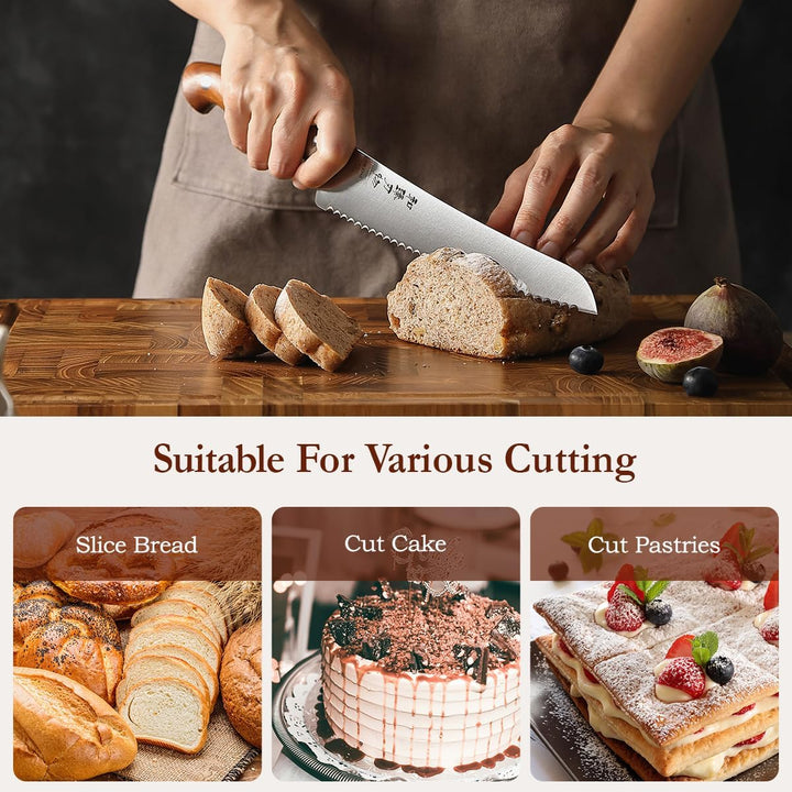 HEZHEN 21,5 cm Gezahntes Brotmesser, Rostfreier Stahl Wellenschlif Kuchenmesser, Gezackte Klinge Säg