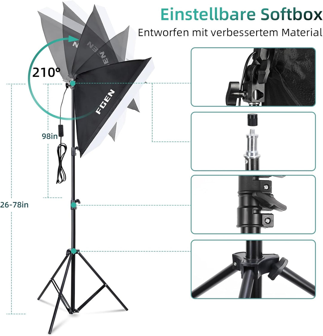 Softbox Fotostudio Set, FGen Baumwolle Greenscreen Set 2.6Mx3M Fotostudio Hintergrundsystem mit 135W
