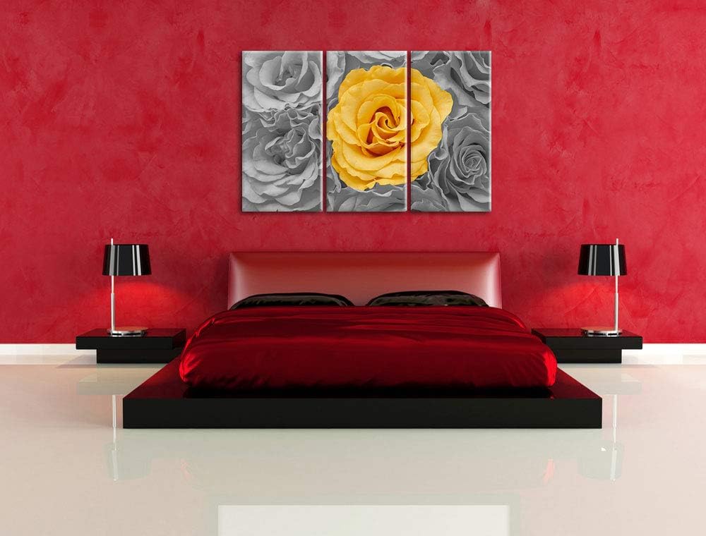 Pixxprint gelbe Rose im Rosenmeer als Leinwandbild | Grösse: 3 Teilig (120x80) | Wandbild| Kunstdruc