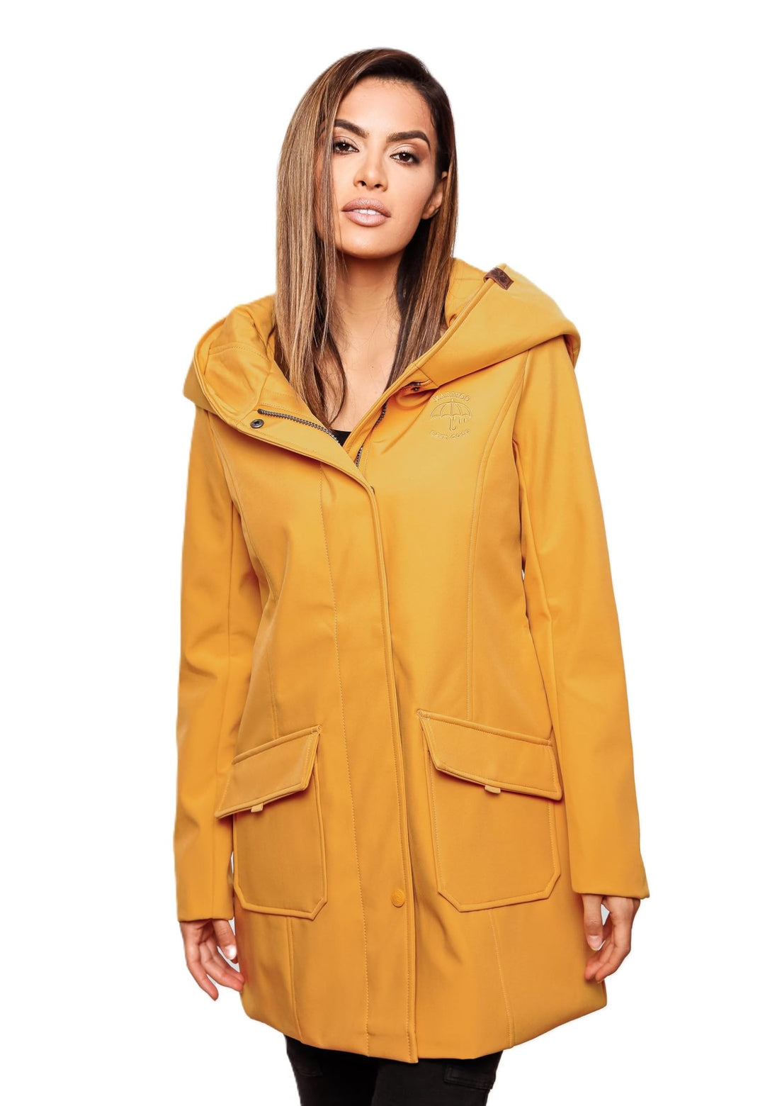 MARIKOO Damen Softshell Jacke Winterjacke wasserabweisend Outdoor lang B856 XS Amber Yellow, S