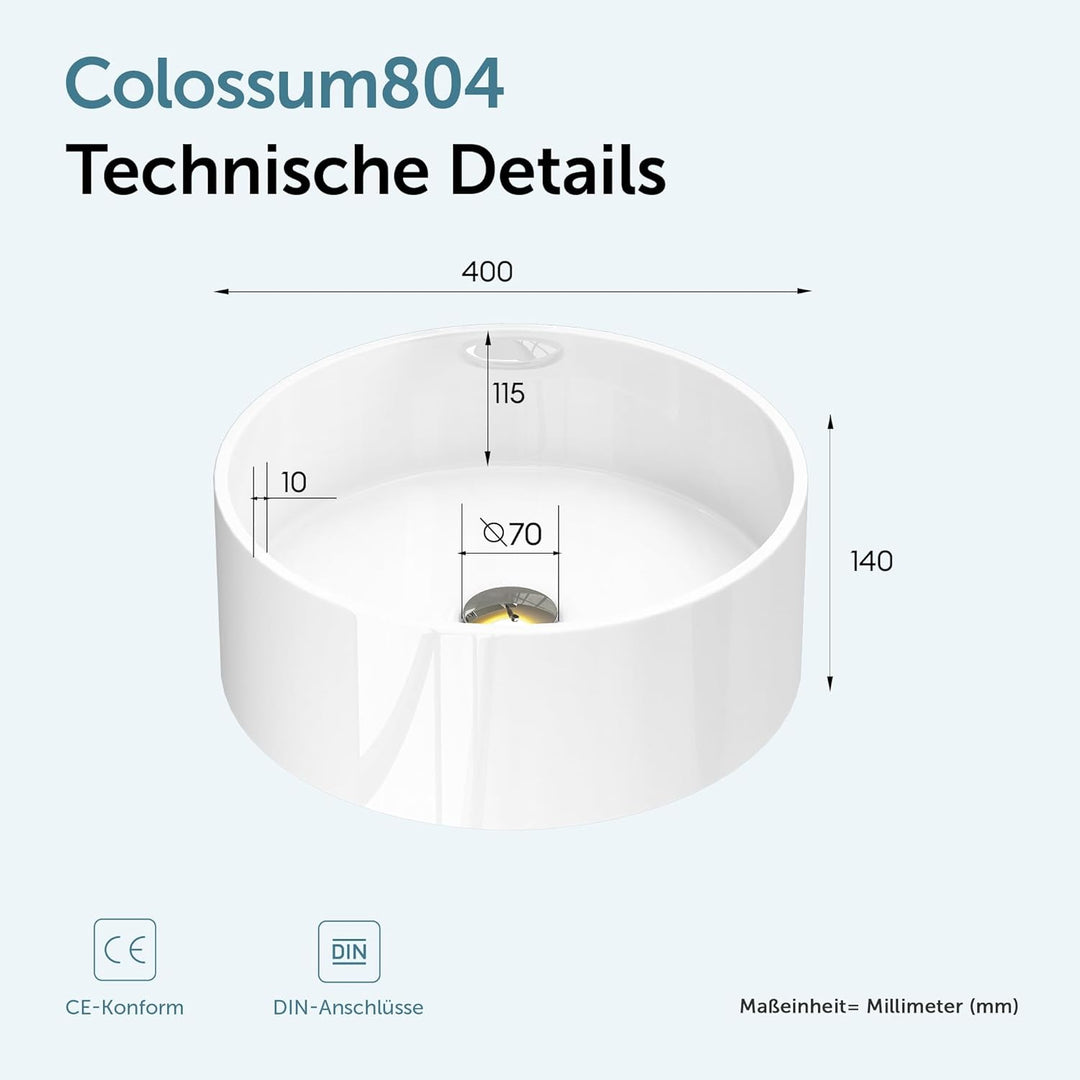 doporro Aufsatzwaschbecken rund Colossum804 Weiss glänzend Ø 40 cm Mineralguss Waschbecken ohne Arma