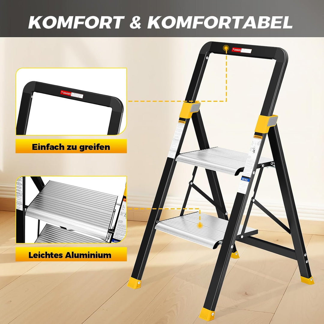 KINGRACK Trittleiter 2 Stufen Klappbar Aluminium, Klappleiter mit Handlauf, Haushaltsleiter Anti-Rut