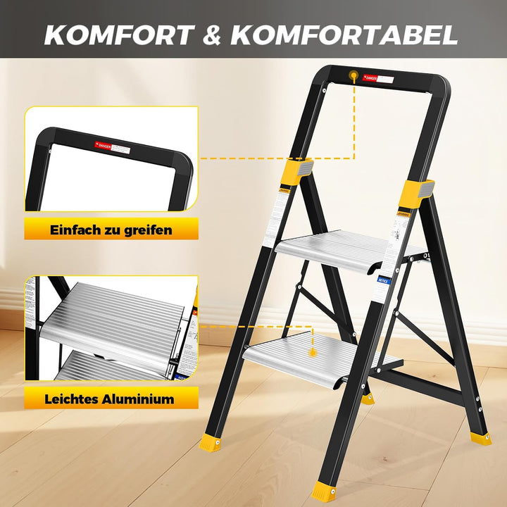 KINGRACK Trittleiter 2 Stufen Klappbar Aluminium, Klappleiter mit Handlauf, Haushaltsleiter Anti-Rut
