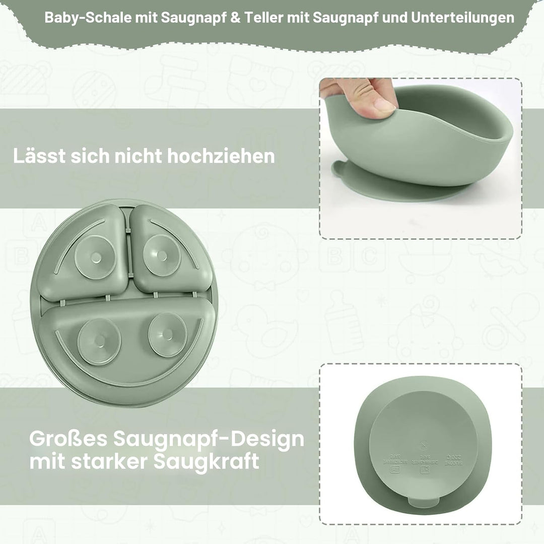 Baby Geschirrset,12er Set Kindergeschirr, Babylöffel,Trinklernbecher,Silikon Lätzchen,Baby Teller Ki