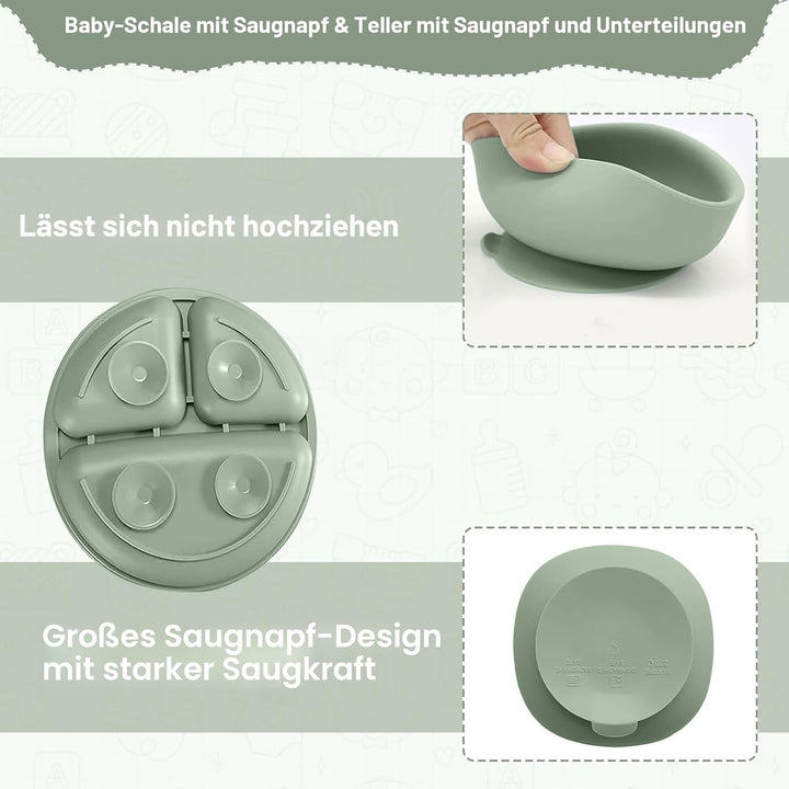 Baby Geschirrset,12er Set Kindergeschirr, Babylöffel,Trinklernbecher,Silikon Lätzchen,Baby Teller Ki