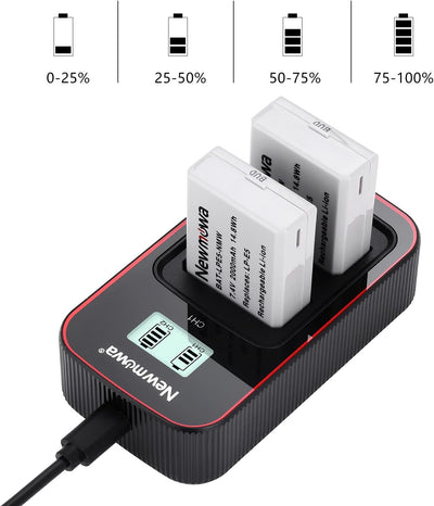 Newmowa LP-E5 Ersatzakku (2er-Pack) und Smart LCD Display Dual USB-Ladegerät für Canon LP-E5 und EOS