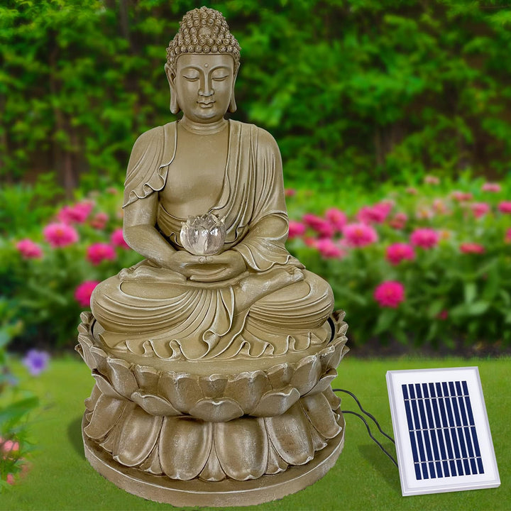 Gartenbrunnen Solarbrunnen Brunnen Buddha-Eternity Vogelbad Wasserfall, Gartendeko mit Pumpe, Wasser
