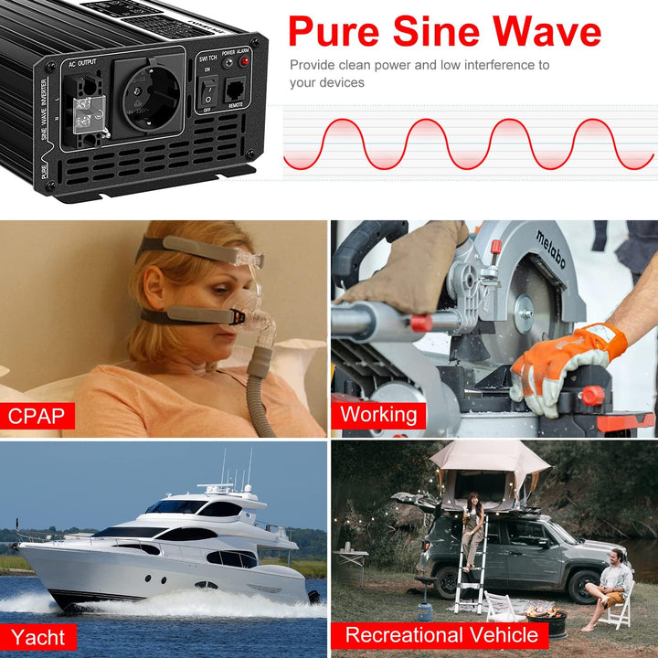 Xijia 3000W Wechselrichter 12V 230V Reiner Sinus Spannungswandler (6000W Spitzenleistung), LCD-Displ