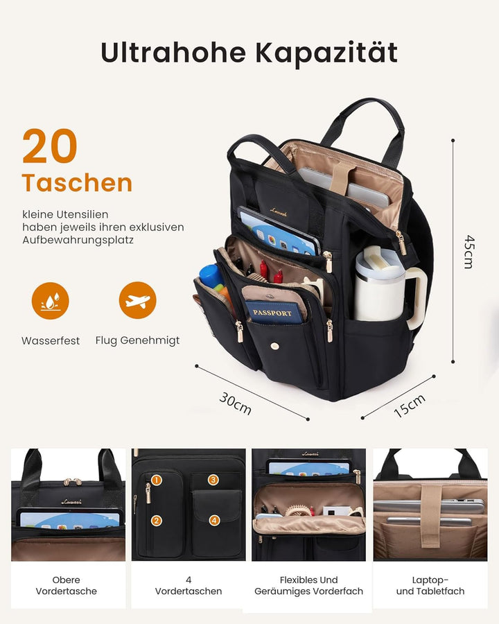 LOVEVOOK Rucksack Damen, 17,3 Zoll Laptop Schulrucksack Wasserdicht Mit 20 Taschen und Grossem Fach