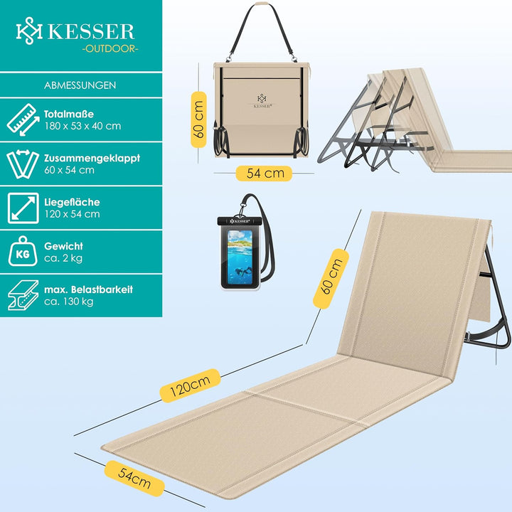 KESSER® Klappbare Strandmatte mit Verstellbarer Rückenlehne – Faltbare Strandliege mit Tragegurt, wa