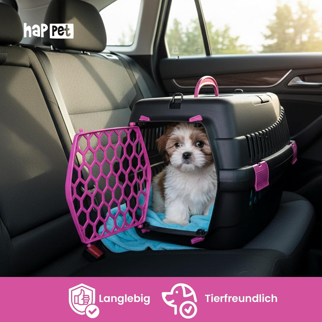 HAPPET Tiertransportbox Teddy M Fuchsia 56x37x37 cm – Robuste, gut belüftete Transportbox für Katzen