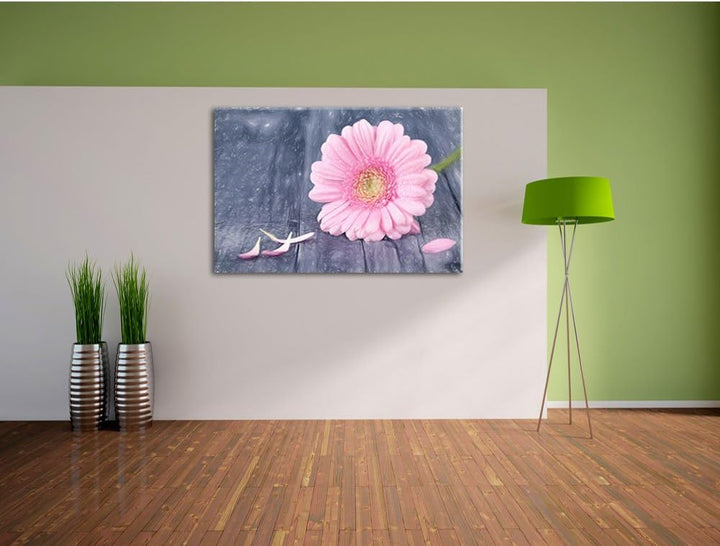 Pixxprint Pinke Gerbera auf rustikalem Boden Kunst Buntstift Effekt, Format: 100x70 auf Leinwand, 10