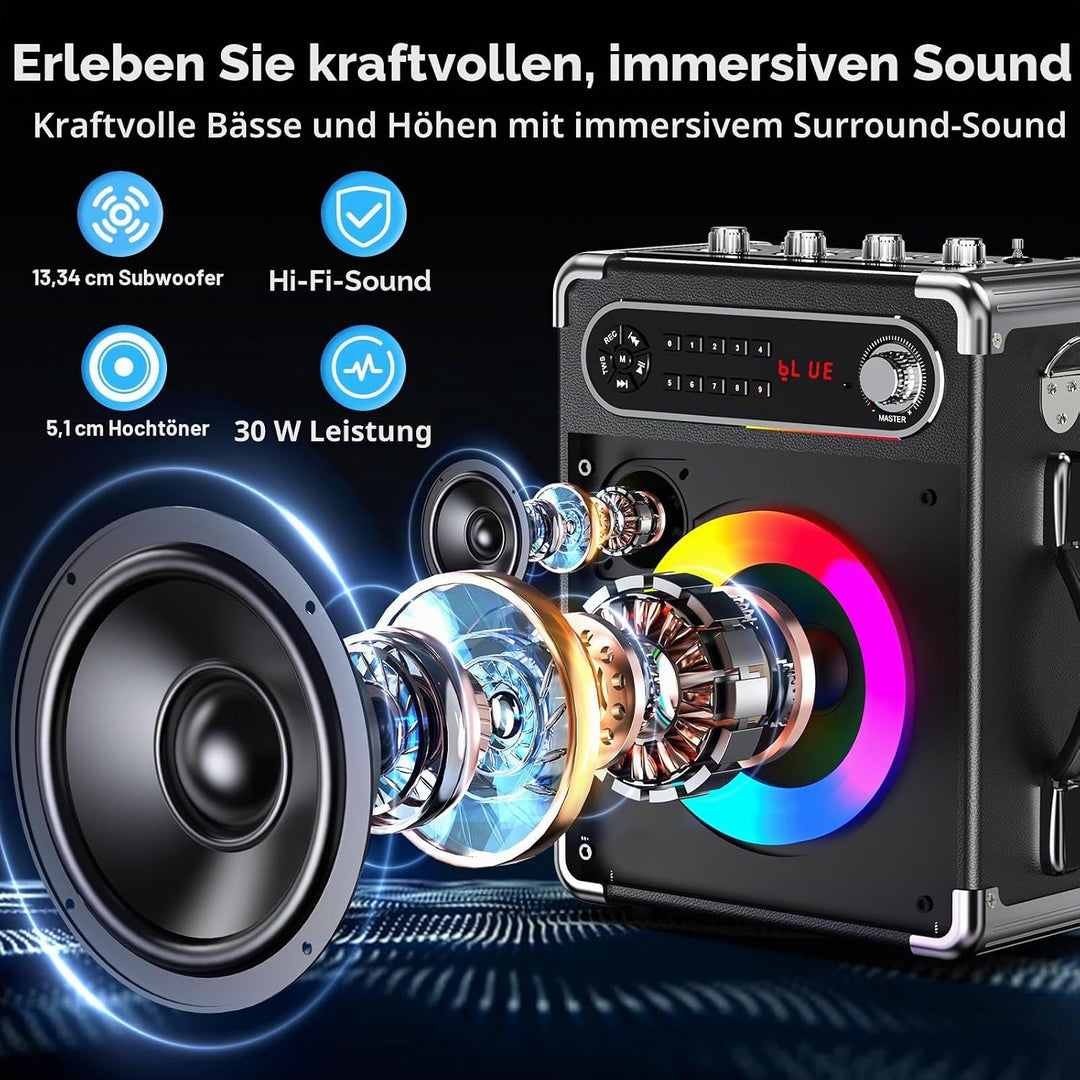JYX Karaoke Anlage mit 2 drahtlosen Mikrofonens, Tragbares PA-System Karaoke Lautsprecher Höhen/Bass