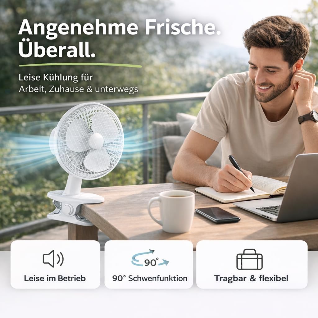 2 in 1 Tragbarer Tischventilator mit Ständer & Clip (20 cm) mit Schwenkfunktion – leiser Ventilator