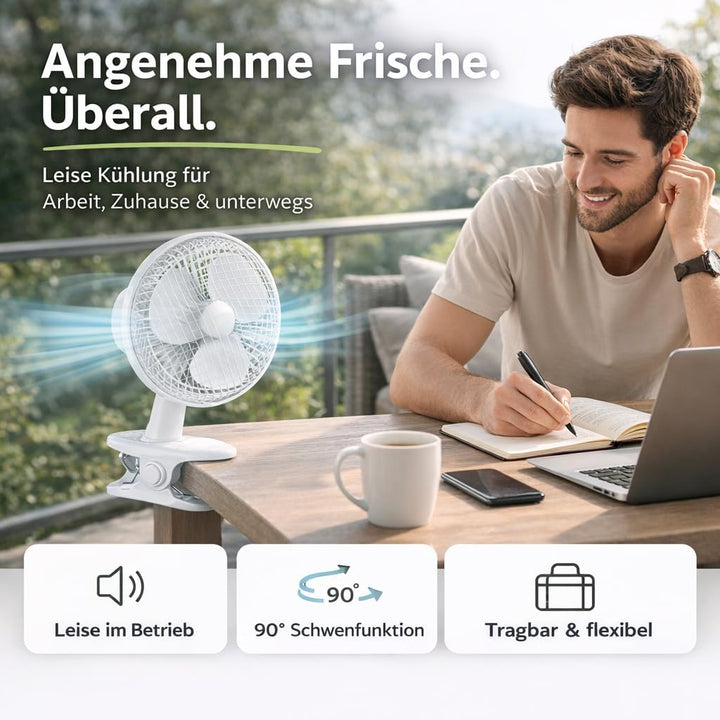2 in 1 Tragbarer Tischventilator mit Ständer & Clip (20 cm) mit Schwenkfunktion – leiser Ventilator