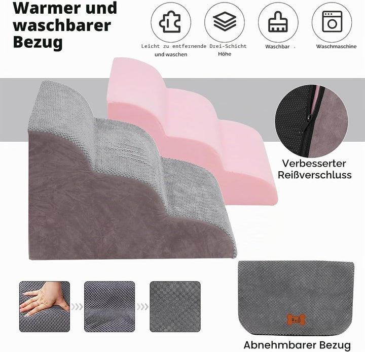 Hundetreppe für Kleine Hunde, 3 Stufen Haustiertreppe für Bett und Sofa aus Hochdichtem Schwamm, Kat