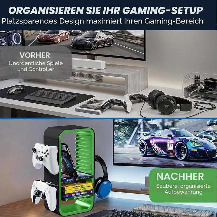 Universal Games Storage Tower Pro - Bis zu 18 Spiele - Mit Controller Halterung für bis zu 4 Gamepad