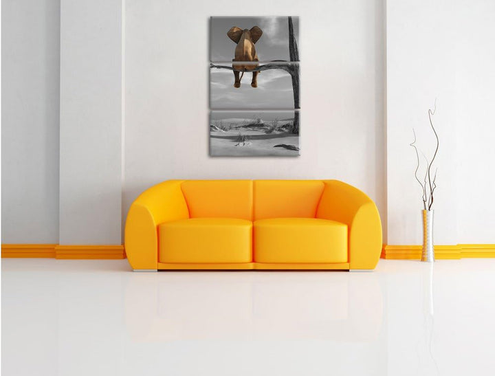 Pixxprint Elefant auf einem AST in der Wüste als Leinwandbild/Grösse: 3 Teilig (120x80) cm/Wandbild/