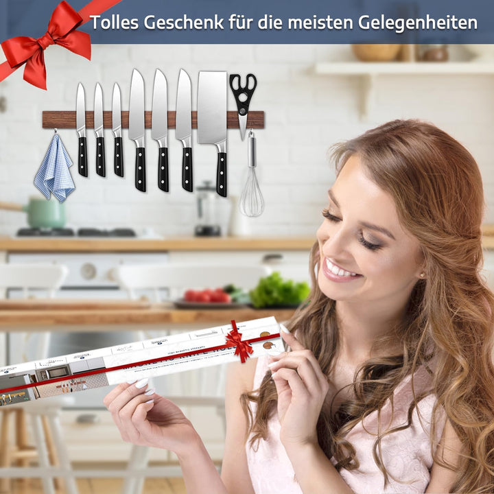 Dmore 50 cm Magnetleiste Messer mit 2 Haken, Messerhalter magnetisch ohne Bohren aus Walnuss, leistu