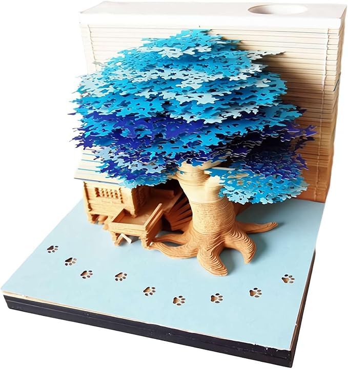 MEICHI 3D Notizblock, nicht verklebt, 3D Baumhaus (Blau) Papierkunst mit Anzeigebox glasklar, 9 x 9