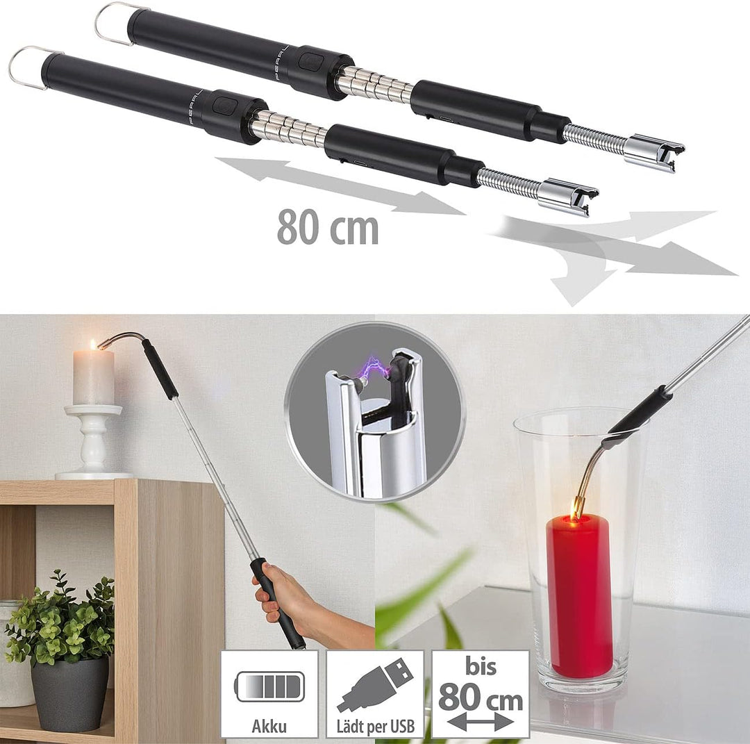 PEARL Zigarettenanzünder: 2er-Set ausziehbare Teleskop-Akku-Feuerzeuge, USB-Ladefunktion, 80 cm (Lic