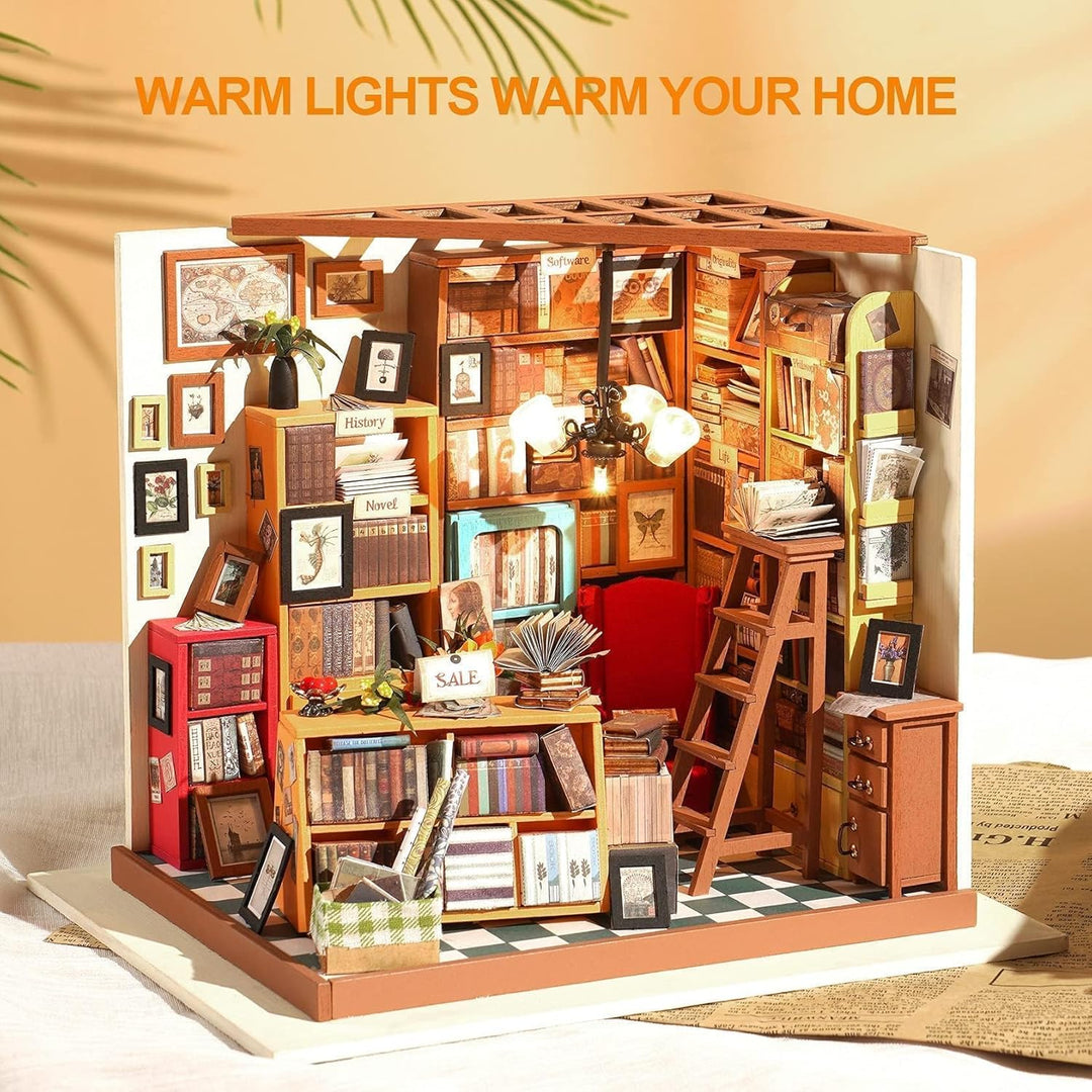 RoWood DIY Miniatur Haus Buchhandlung Puppenhaus mit Licht, DIY Mini Holz Haus Modell Set, Bastelset