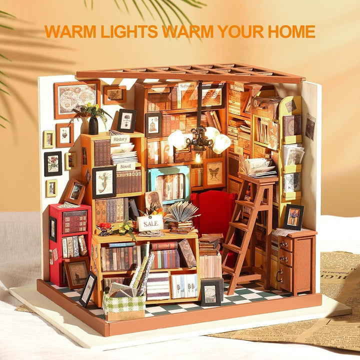 RoWood DIY Miniatur Haus Buchhandlung Puppenhaus mit Licht, DIY Mini Holz Haus Modell Set, Bastelset