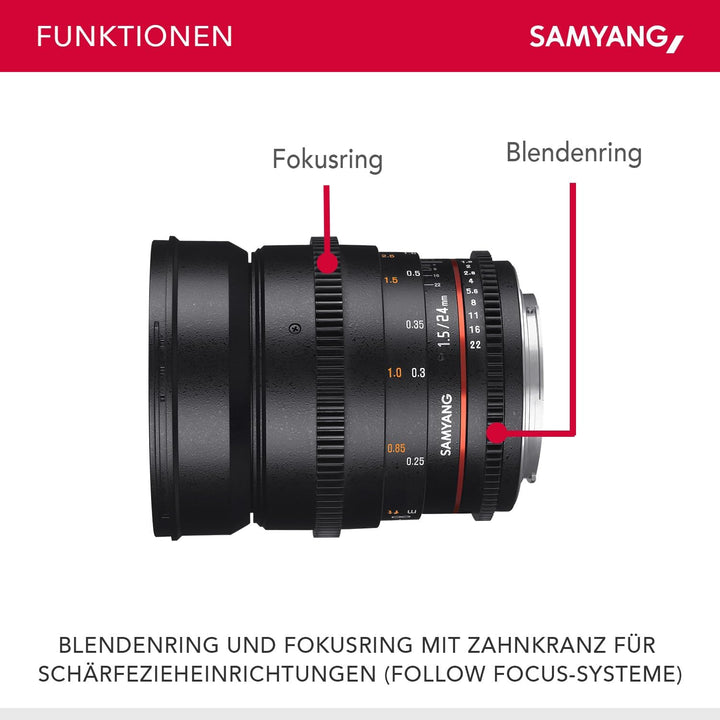 Samyang 24/1,5 Objektiv Video DSLR II Sony E manueller Fokus Videoobjektiv 0,8 Zahnkranz Gear, Weitw