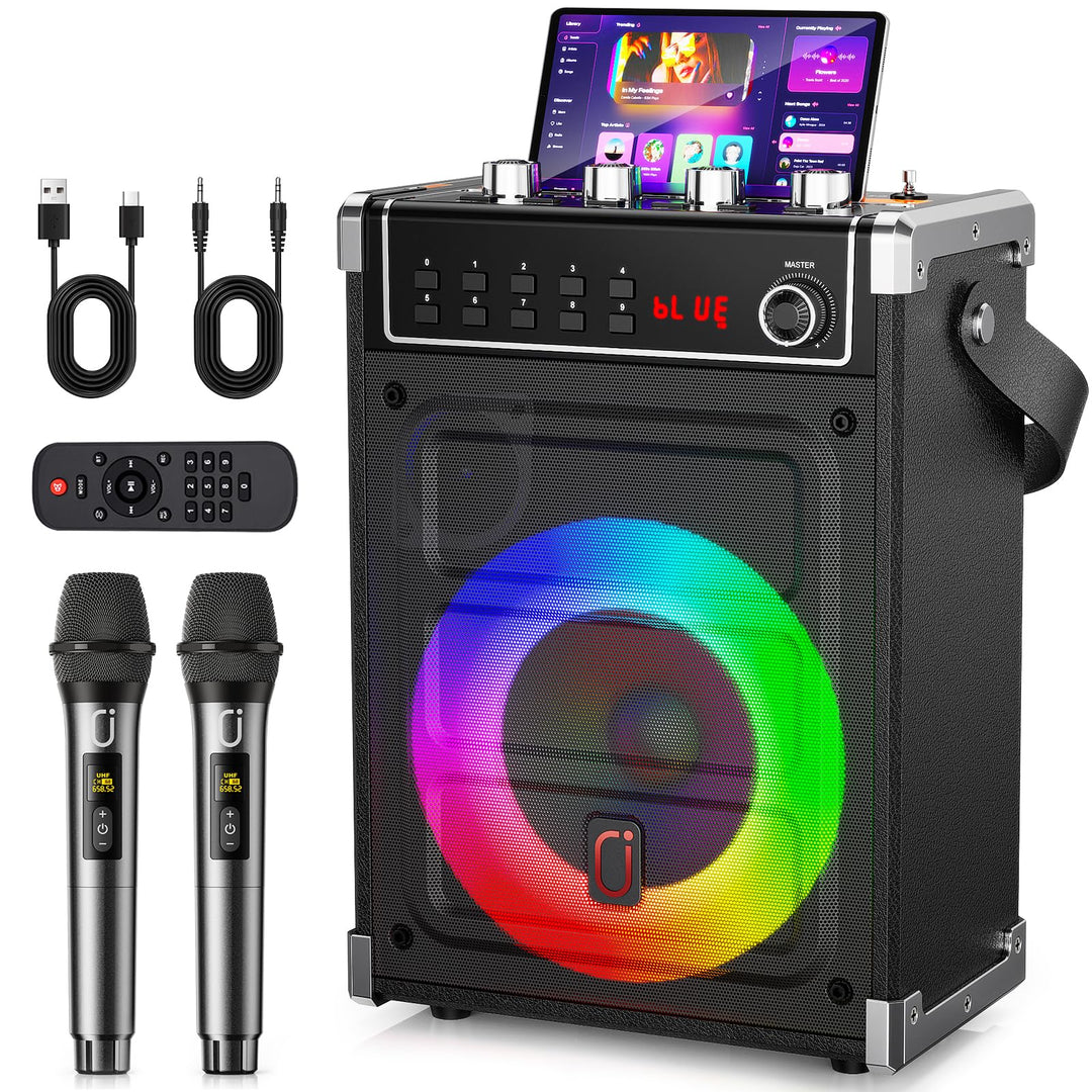 JYX Karaoke Maschine mit 2 UHF-Funkmikrofonen, Bluetooth-Lautsprecher 69 Black