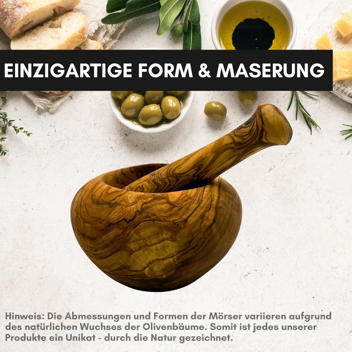 FiguraSanta Mörser aus Olivenholz mit Stössel - Handgefertigter Gewürz- &amp; Kräutermörser - Hochwertig