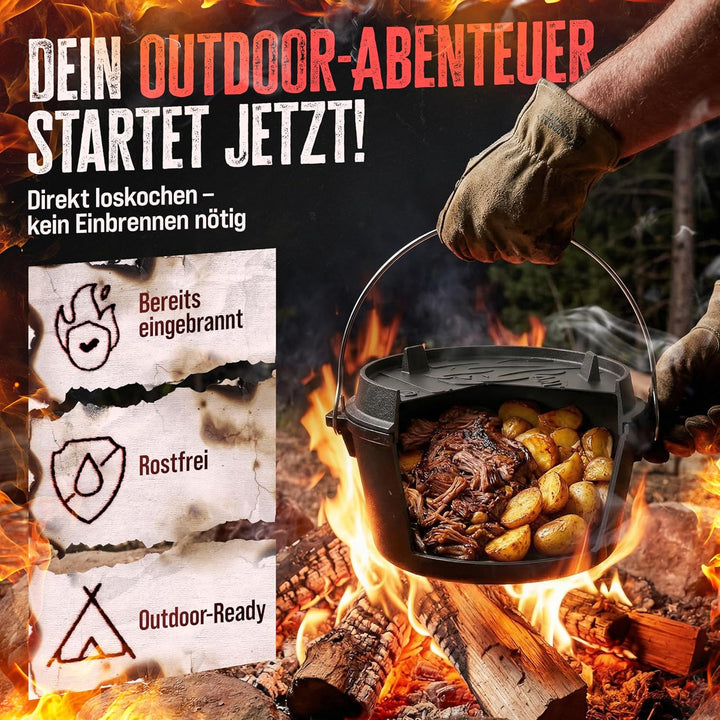 AMZBBQ® Premium Dutch Oven – Doppelt Eingebrannter Gusseisen Feuertopf – Rostbeständiger Schmortopf