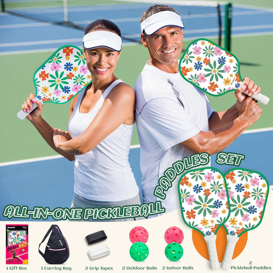 JOY SPOT! Pickleball Schläger 2 Set, Leichter Pickleball Schläger mit Fiberglas-Oberfläche, 4 Bälle