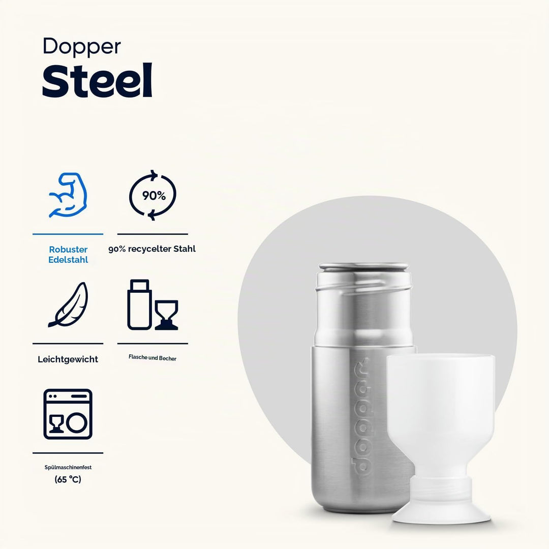 Dopper Steel Trinkflasche 350ml, 490ml, 800ml, 1.1L - Edelstahl Flasche - BPA freie Wasserflasche, 1