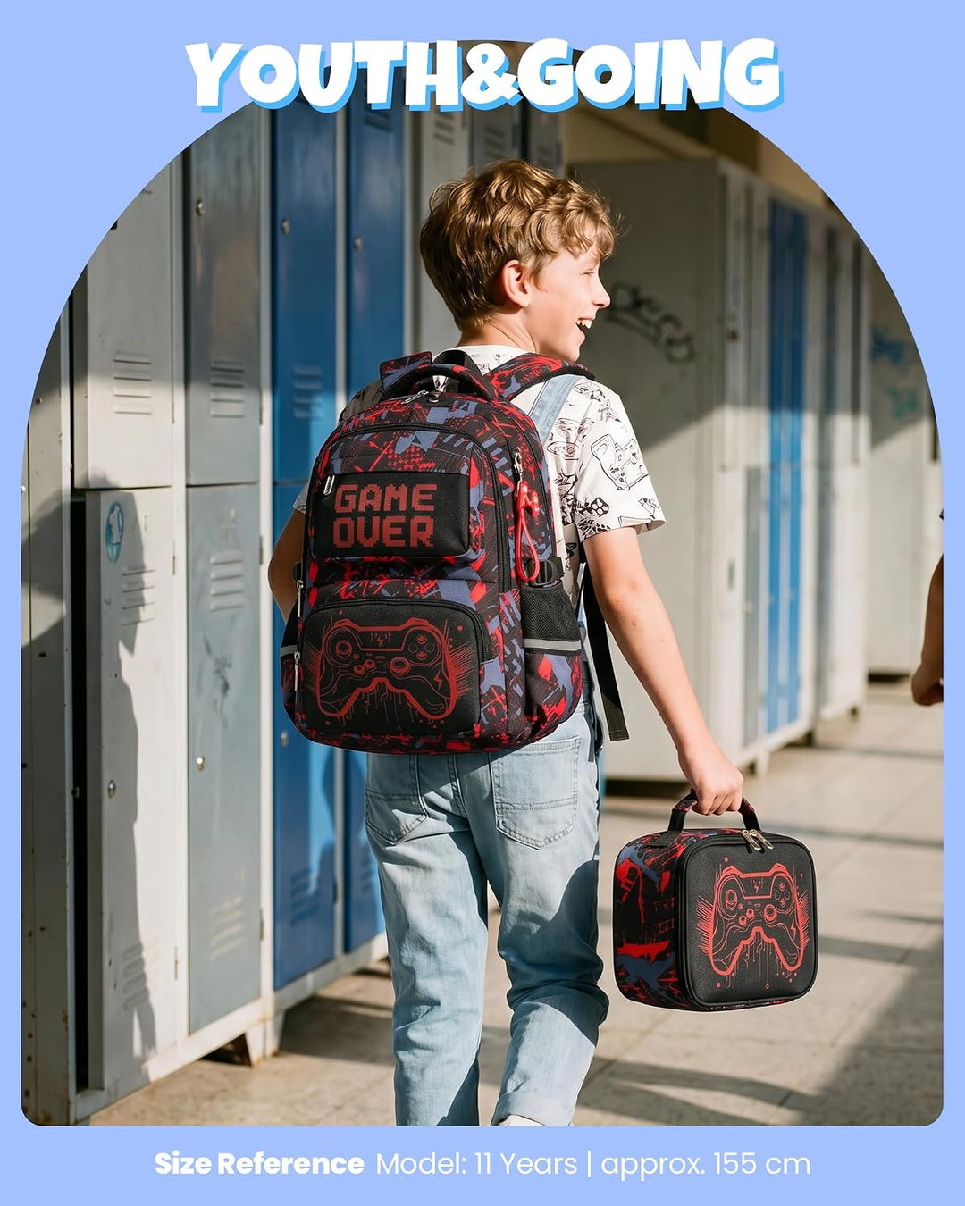 Schulrucksack Jungen Teenager 3 Teilig, Schultasche Kinder für 3. bis 7. Klasse mit Lunch Tasche Fed