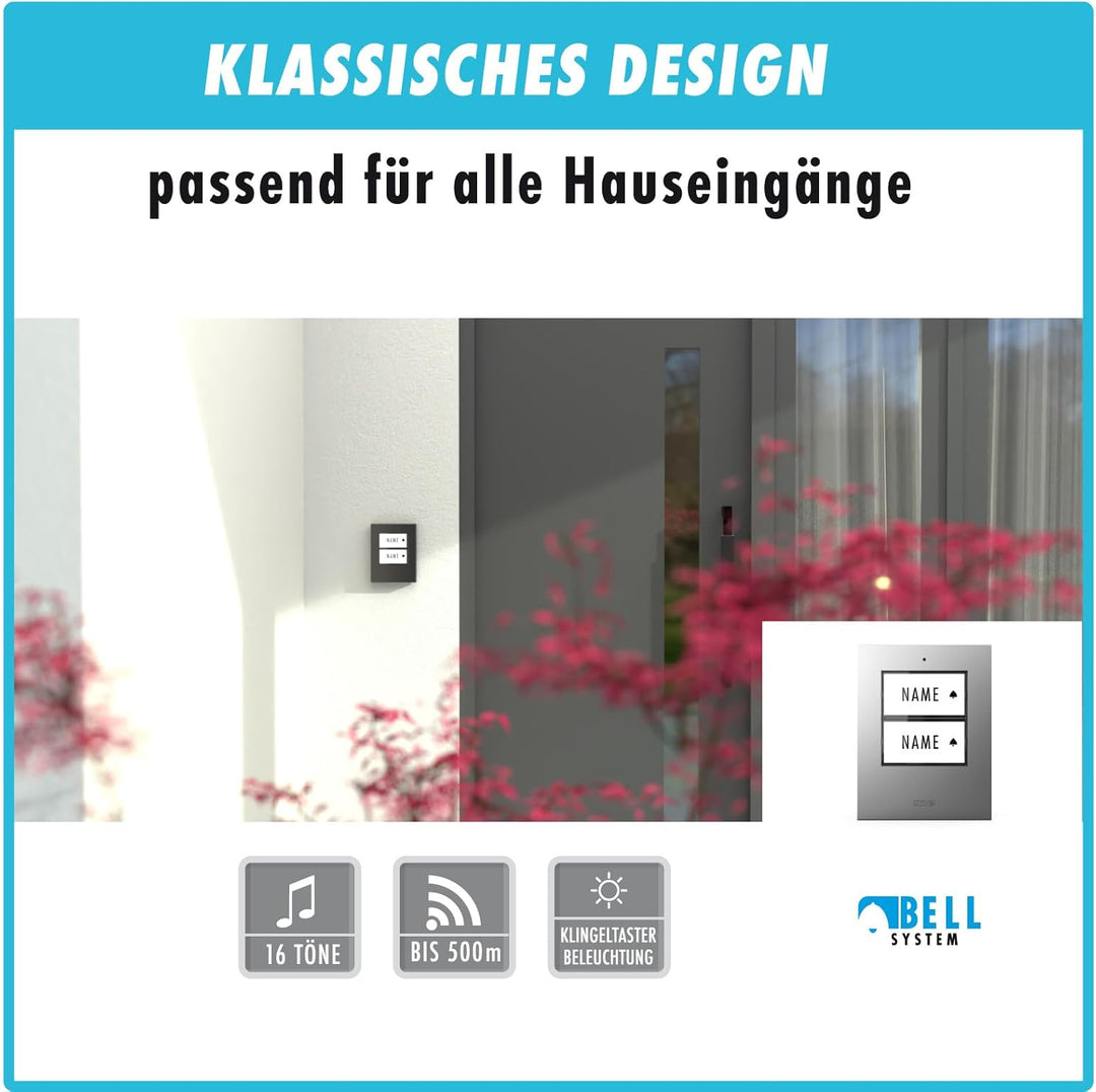m-e Funkklingel BELL-522 BO Silber mit Sender und Empfänger für 2-Familienhaus | Erweiterbare kabell