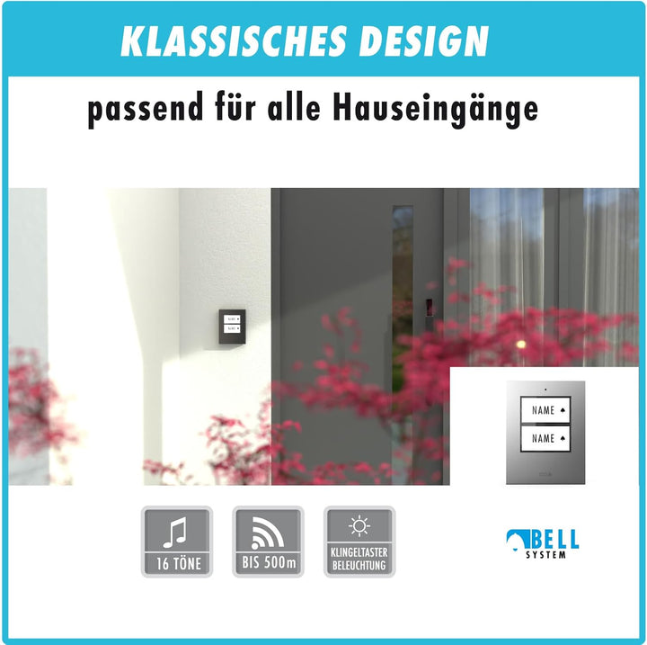 m-e Funkklingel BELL-522 BO Silber mit Sender und Empfänger für 2-Familienhaus | Erweiterbare kabell